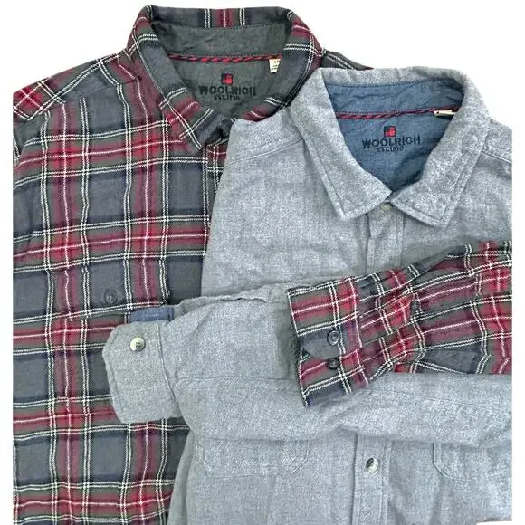 TWO Woolrich Long Sleeve Button Downs 100% Cotton Flannel Men L Shirt Red Gray - Picture 2 of 11
